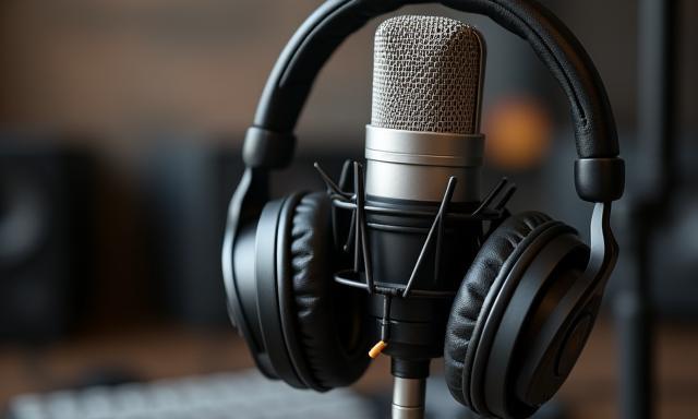 Microphone and headphones representing podcasting