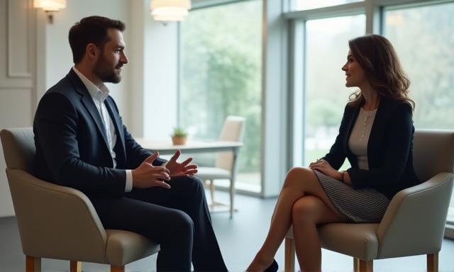 Professional interview setting with two people talking